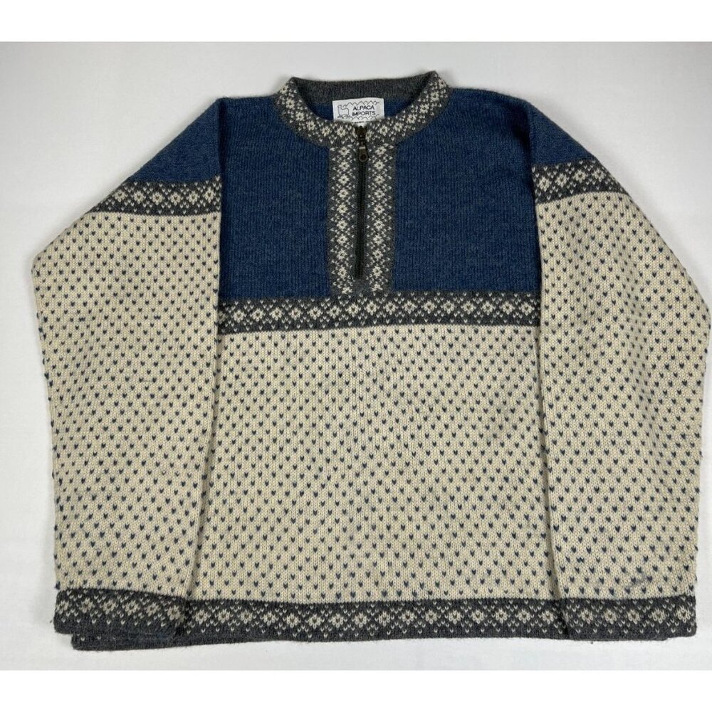 Alpaca Imports Ladies Medium Blue Cream Patterned Quarter Zip Knit Sweater VTG